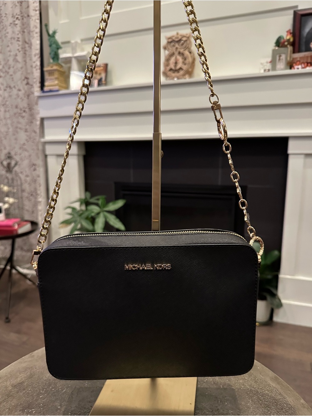 Michael Kors Black Leather Crossbody with Gold Chain